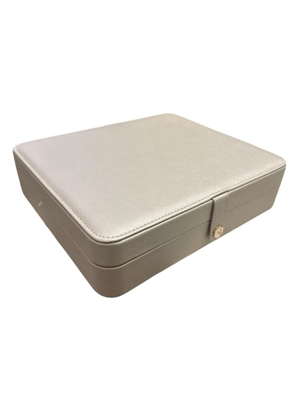 Compact Beige Jewelry Organizer Case with Mirror and Multi-Compartment Storage